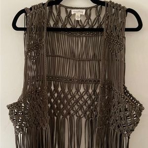 Boho Eyelet Crochet Beaded Vest Fringe Hem, Size XL
